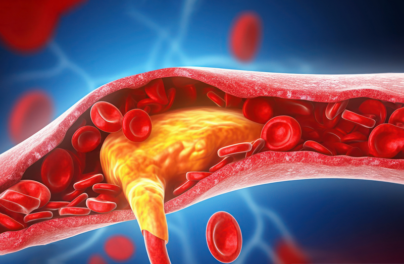 Visual representation of a blocked blood vessel due to the accumulation of arterial plaque. Learn about the implications of plaque formation and ways to prevent cardiovascular diseases